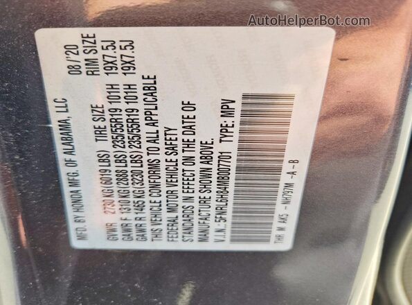 5FNRL6H84MB007701 2021 HONDA ODYSSEY Gray Вид наклейки з VIN-кодом