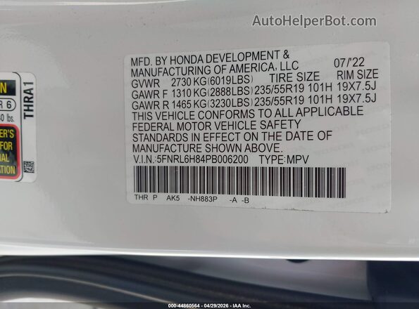 5FNRL6H84PB006200 2023 HONDA ODYSSEY White Widok komory silnika