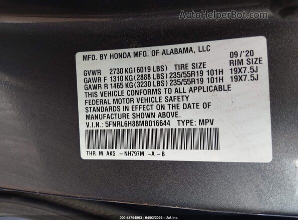 5FNRL6H88MB016644 2021 HONDA ODYSSEY Серый Вид подкапотного пространства