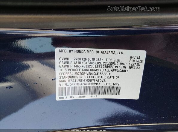 5FNRL6H94JB108967 2018 HONDA ODYSSEY Dark Blue Widok komory silnika