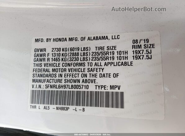5FNRL6H97LB005710 2020 HONDA ODYSSEY Белый Вид подкапотного пространства