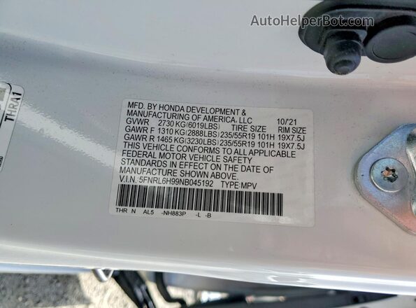 5FNRL6H99NB045192 2022 HONDA ODYSSEY Белый Панорамный вид салона 360°