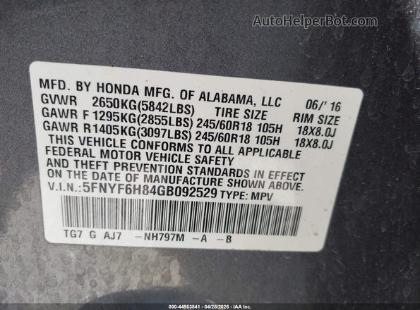 5FNYF6H84GB092529 2016 HONDA PILOT Серый Вид подкапотного пространства