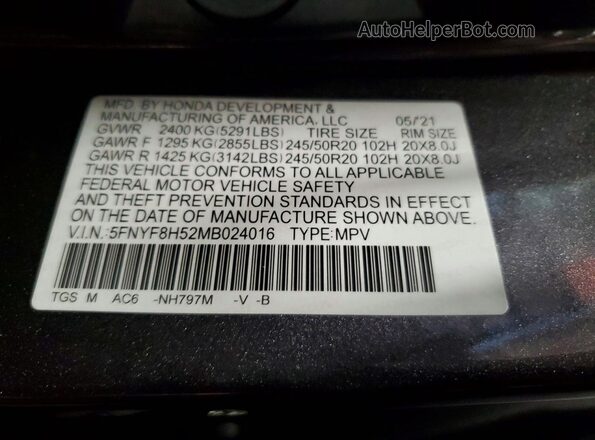 5FNYF8H52MB024016 2021 HONDA PASSPORT Charcoal Widok komory silnika