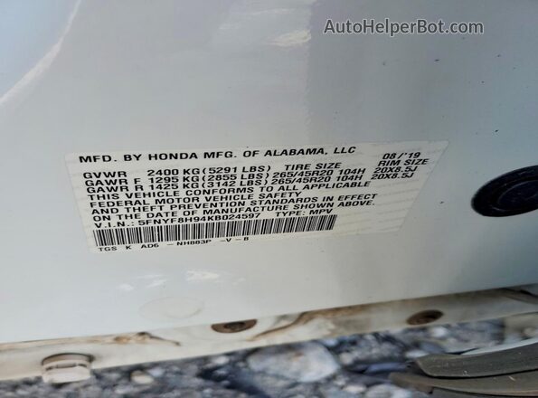 5FNYF8H94KB024597 2019 HONDA PASSPORT White VIN კოდის სტიკერის ხედი