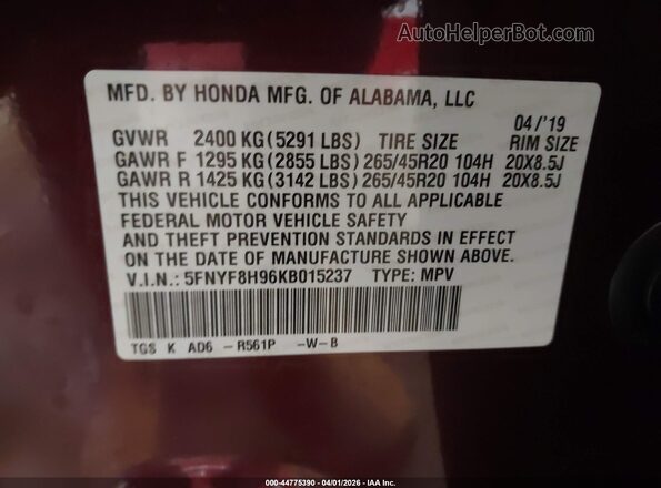 5FNYF8H96KB015237 2019 HONDA PASSPORT Maroon ძრავის განყოფილების ხედი
