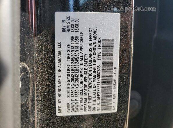 5FPYK2F11KB007608 2019 HONDA RIDGELINE Black ძრავის განყოფილების ხედი