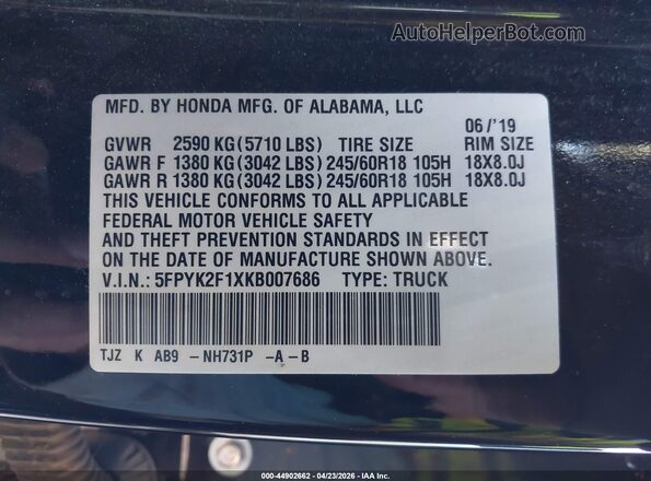 5FPYK2F1XKB007686 2019 HONDA RIDGELINE Black ძრავის განყოფილების ხედი