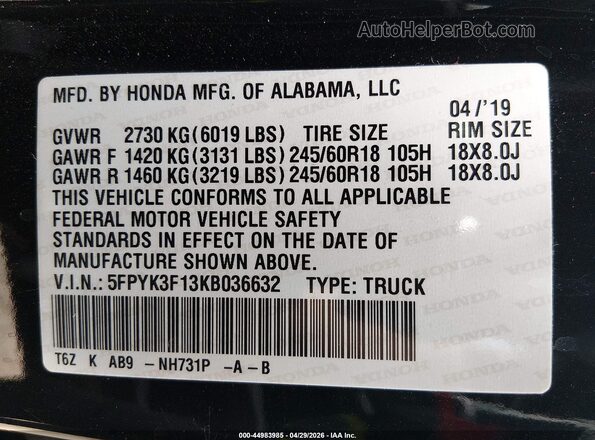 5FPYK3F13KB036632 2019 HONDA RIDGELINE Black ძრავის განყოფილების ხედი