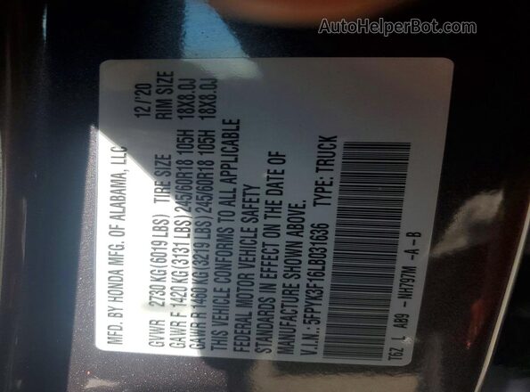5FPYK3F16LB031636 2020 HONDA RIDGELINE Серый Вид подкапотного пространства
