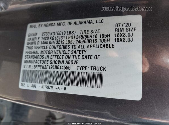 5FPYK3F19LB014555 2020 HONDA RIDGELINE Серый Вид подкапотного пространства