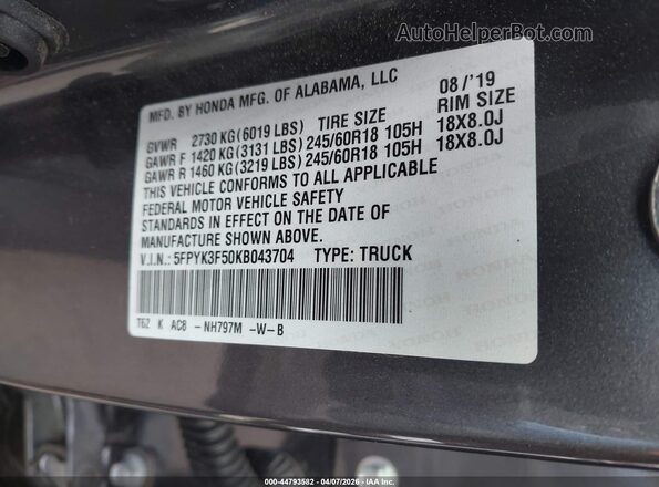 5FPYK3F50KB043704 2019 HONDA RIDGELINE Gray Engine compartment view
