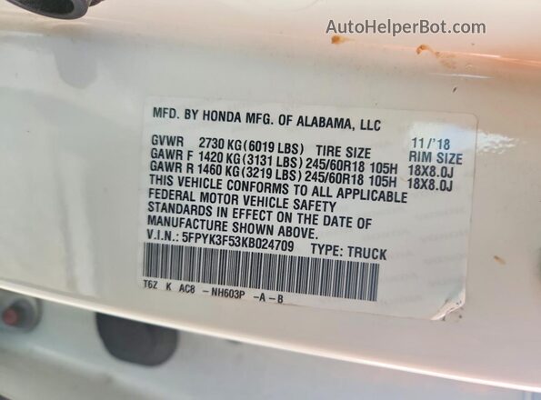 5FPYK3F53KB024709 2019 HONDA RIDGELINE Белый Вид подкапотного пространства