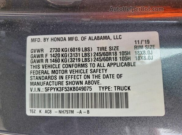 5FPYK3F53KB049075 2019 HONDA RIDGELINE Серый Вид подкапотного пространства