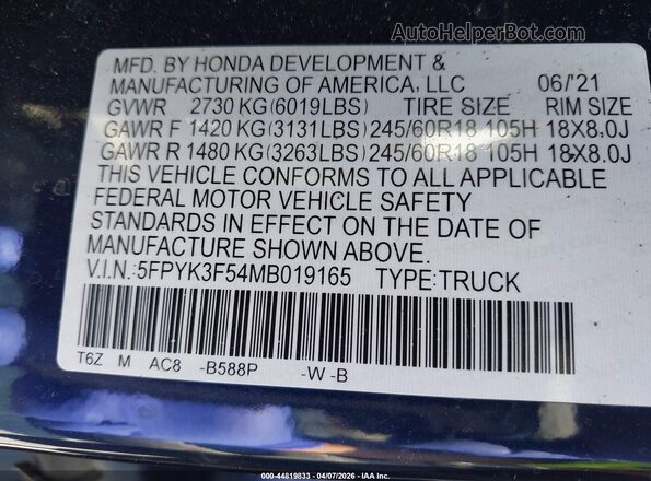 5FPYK3F54MB019165 2021 HONDA RIDGELINE Dark Blue Vista del compartimento del motor