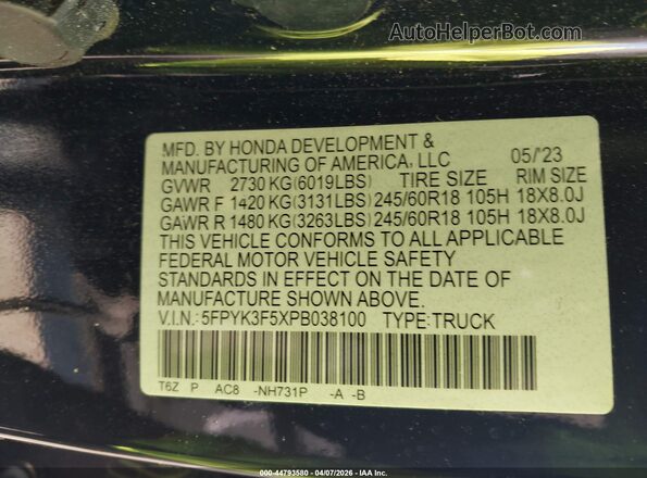 5FPYK3F5XPB038100 2023 HONDA RIDGELINE Black ძრავის განყოფილების ხედი