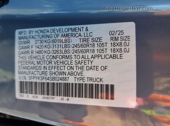 5FPYK3F64SB024887 2025 HONDA RIDGELINE Gray Widok naklejki z numerem VIN