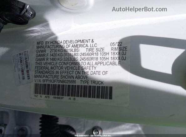 5FPYK3F70NB025886 2022 HONDA RIDGELINE White Вид підкапотного простору