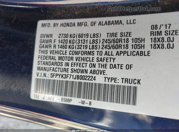 5FPYK3F71JB002224 2018 HONDA RIDGELINE Blue ძრავის განყოფილების ხედი