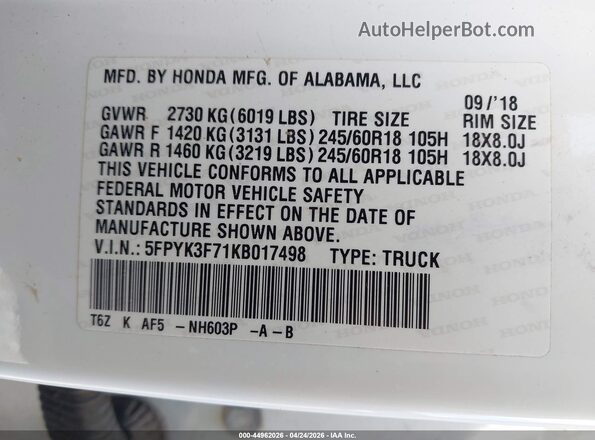 5FPYK3F71KB017498 2019 HONDA RIDGELINE White Engine compartment view