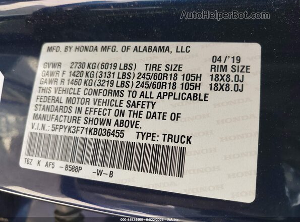 5FPYK3F71KB036455 2019 HONDA RIDGELINE Blue ძრავის განყოფილების ხედი
