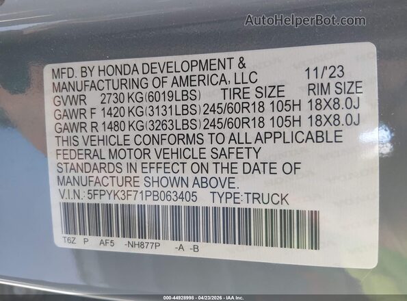5FPYK3F71PB063405 2023 HONDA RIDGELINE Light Blue Widok komory silnika