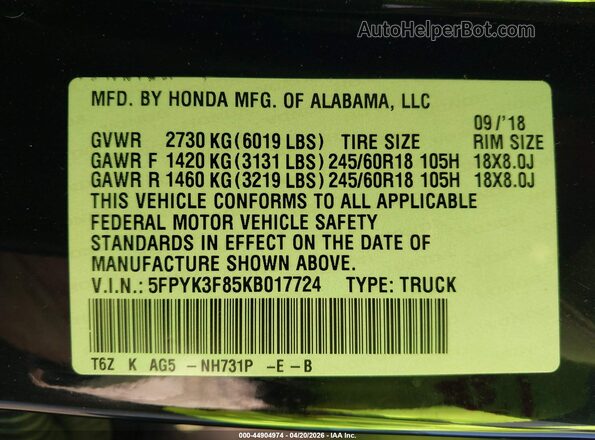 5FPYK3F85KB017724 2019 HONDA RIDGELINE Black Вид підкапотного простору
