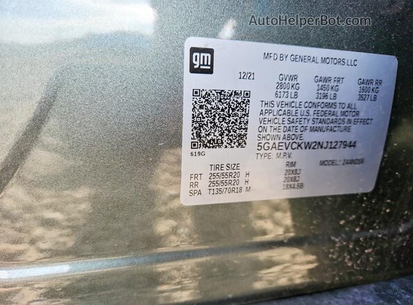 5GAEVCKW2NJ127944 2022 BUICK ENCLAVE Green Вид наклейки з VIN-кодом