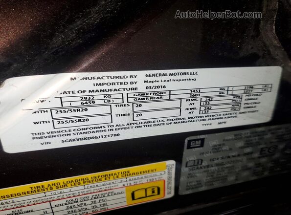 5GAKVBKD6GJ321780 2016 BUICK ENCLAVE Фиолетовый Вид наклейки с VIN-кодом