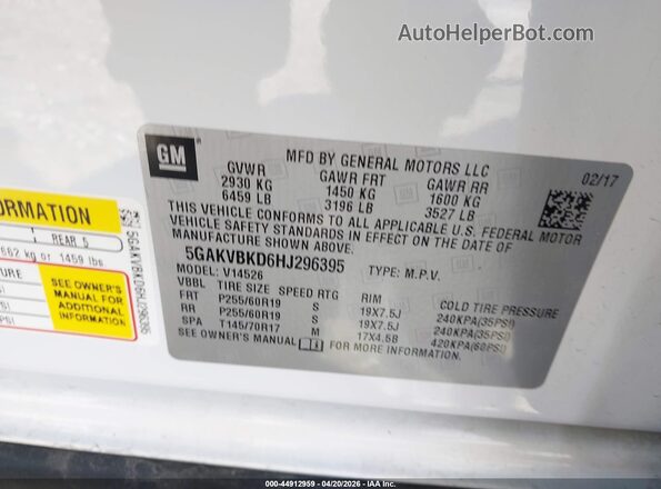 5GAKVBKD6HJ296395 2017 BUICK ENCLAVE Белый Вид подкапотного пространства