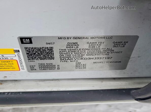 5GAKVCKD3HJ337197 2017 BUICK ENCLAVE Белый Вид наклейки с VIN-кодом