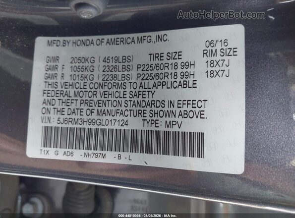 5J6RM3H99GL017124 2016 HONDA CR-V Gray Engine compartment view