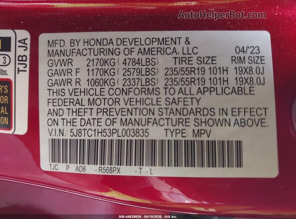 5J8TC1H53PL003835 2023 ACURA RDX Red Vista del compartimento del motor