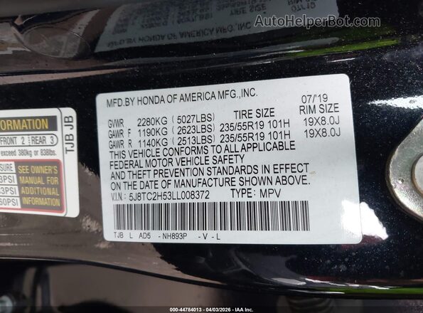 5J8TC2H53LL008372 2020 ACURA RDX Black Engine compartment view
