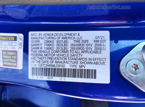 5J8TC2H65ML039102 2021 ACURA RDX Blue Widok naklejki z numerem VIN