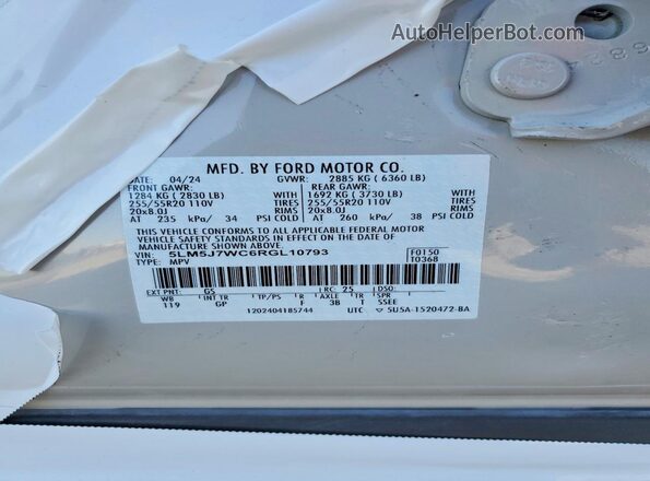 5LM5J7WC6RGL10793 2024 LINCOLN AVIATOR Белый Панорамный вид салона 360°