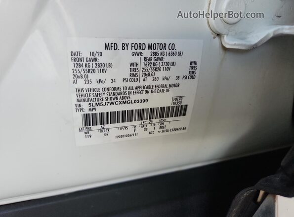 5LM5J7WCXMGL03399 2021 LINCOLN AVIATOR White Вид підкапотного простору