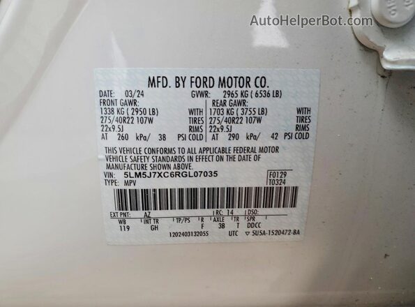 5LM5J7XC6RGL07035 2024 LINCOLN AVIATOR Белый Вид наклейки с VIN-кодом