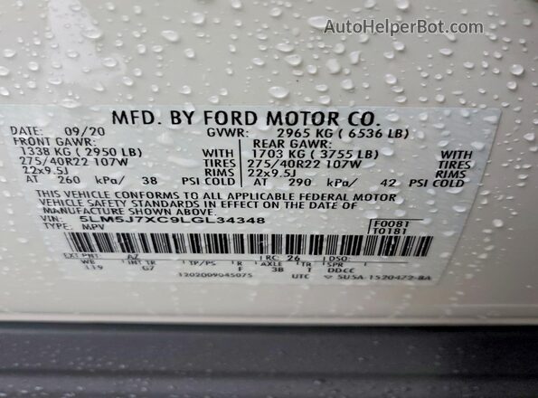 5LM5J7XC9LGL34348 2020 LINCOLN AVIATOR Белый Вид наклейки с VIN-кодом