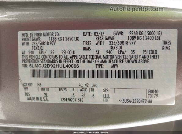 5LMCJ2D92HUL40066 2017 LINCOLN MKC Tan Widok komory silnika