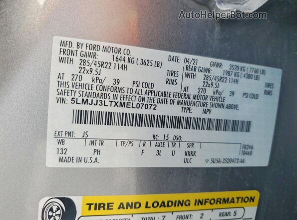 5LMJJ3LTXMEL07072 2021 LINCOLN NAVIGATOR Silver VIN կոդի պիտակի տեսք