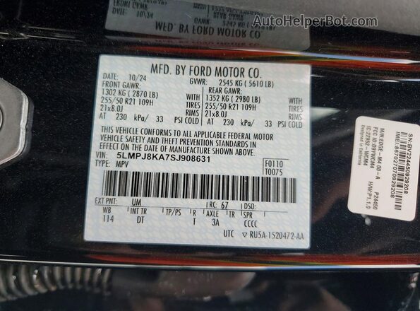 5LMPJ8KA7SJ908631 2025 LINCOLN NAUTILUS Black VIN კოდის სტიკერის ხედი
