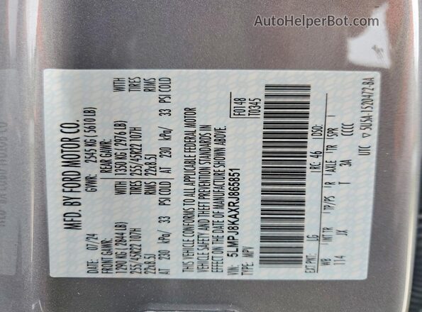 5LMPJ8KAXRJ865851 2024 LINCOLN NAUTILUS Gray Widok naklejki z numerem VIN