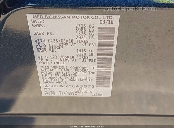 5N1AR2MM1GC643075 2016 NISSAN PATHFINDER Blue Widok komory silnika