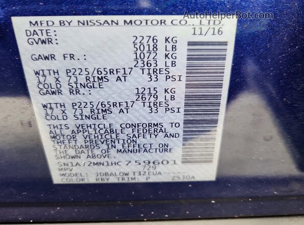 5N1AT2MN1HC759601 2017 NISSAN ROGUE Blue Widok naklejki z numerem VIN