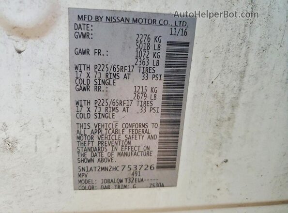 5N1AT2MN2HC753726 2017 NISSAN ROGUE White Vista de la etiqueta del VIN