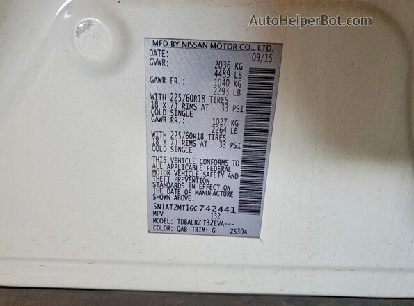 5N1AT2MT1GC742441 2016 NISSAN ROGUE Белый Вид подкапотного пространства