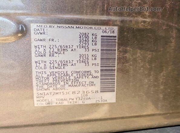 5N1AT2MT5JC823658 2018 NISSAN ROGUE Серый Вид наклейки с VIN-кодом