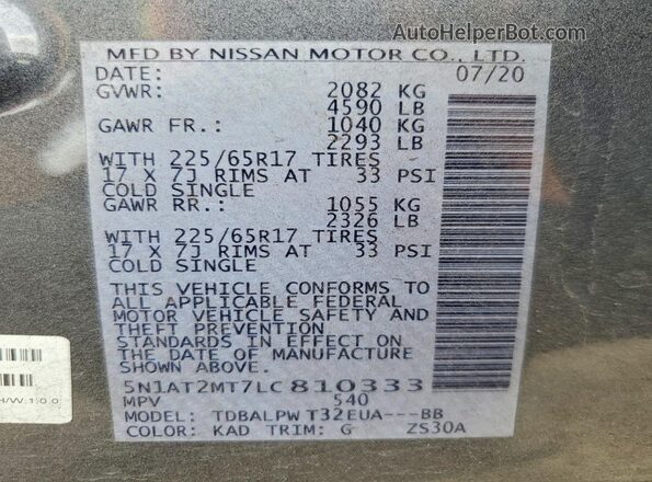 5N1AT2MT7LC810333 2020 NISSAN ROGUE Серый Панорамный вид салона 360°
