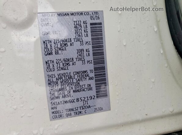 5N1AT2MV6GC852192 2016 NISSAN ROGUE White Vista de la etiqueta del VIN